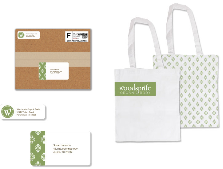 Woodsprite: shipping box with labels and reuseable shopping bag