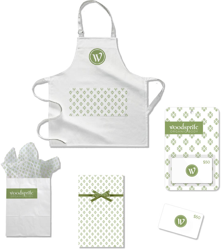 Woodsprite: employee apron, gift bag and box, and gift card