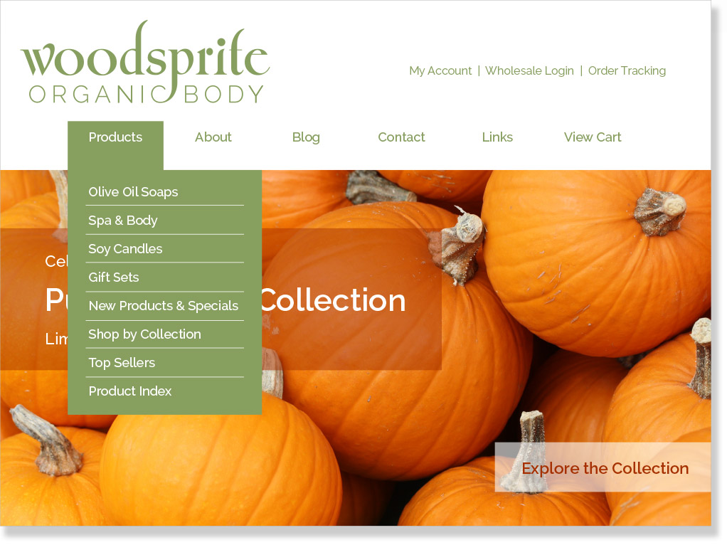 Woodsprite: website drop down menu